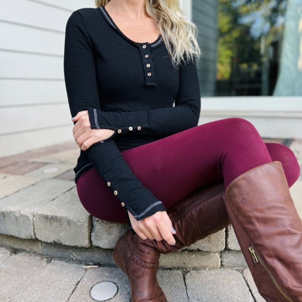 Boho Button Front Long Sleeve Ribbed Jersey Knit Thermal Stretch Henley Top